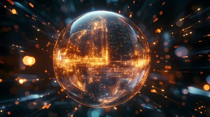 Poster - Dynamic digital sphere virtual environment 3d graphic art futuristic concept vibrant lights and particles
