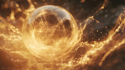 Poster - Dynamic golden sphere illuminating nature's energy flow abstract art outdoor environment close-up perspective