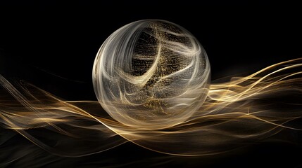 Poster - Dynamic golden sphere in motion abstract black background digital art ethereal environment artistic viewpoint