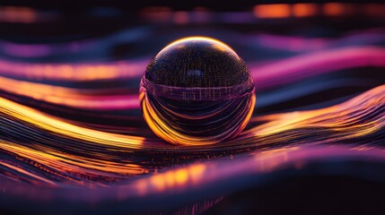 Poster - Dynamic orb floating over colorful waves abstract digital art modern environment close-up view vibrant concept