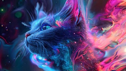 Poster - Generative AI portrays a cat with a stunning galaxy view in vibrant colors and cosmic details, cat with galaxy view