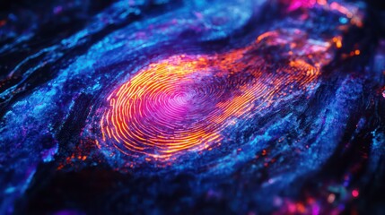 Poster - Abstract swirling vibrant neon fingerprint on textured surface.