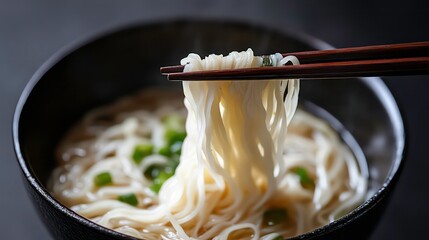 Poster - Close-up of chopsticks lifting thin noodles from a bowl of hot broth with green onions.