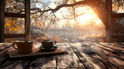 Aufkleber - A serene sunrise view from a window, featuring two cups of coffee on a wooden table overlooking a tranquil landscape