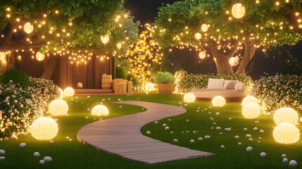 Poster - A serene garden illuminated by glowing orbs and fairy lights, featuring a meandering path, lush greenery, and a cozy seating area