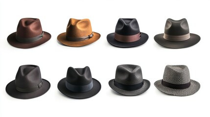 Wall Mural - Collection of fedora hats from different points of view, isolated on white background