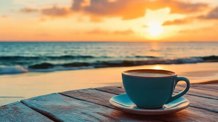 Wall Mural - Enjoying a peaceful moment with a coffee cup by the beach at sunset, Coffee cup on a table by the beach during a beautiful sunset Serene ocean concept