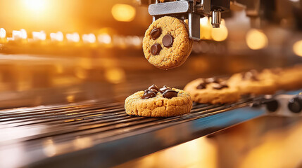 Poster - Close up of automated bakery system producing cho te chip cookies, showcasing process of baking and delicious cookies being made
