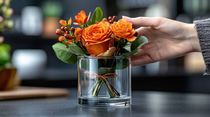 Aufkleber - close up of clear glass flower vase holding vibrant bouquet of orange roses and greenery, showcasing hand gently adjusting arrangement