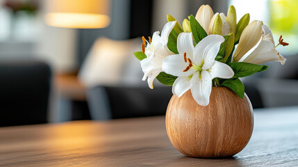 Poster - close up of delicate flower vase featuring single white lily, surrounded by lush green leaves, set against softly blurred background. warm tones create serene atmosphere