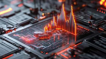 Poster - close up view of digital stock chart displaying rapid fluctuations in data, with vibrant orange and red lines against dark, high tech background. image conveys sense of urgency and dynamic change