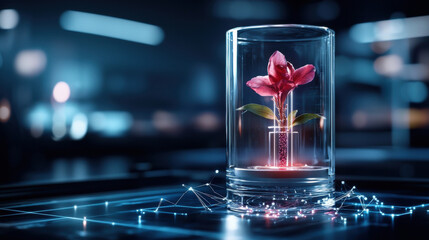 Aufkleber - close up of flower vase featuring built in UV light system, showcasing vibrant flower. modern design highlights technology and nature in harmony