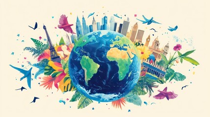 Poster - Watercolor globe with landmarks, birds, and flowers, symbolizing global travel and exploration.