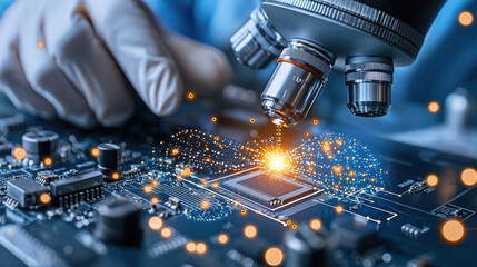 Poster - Close up of high tech engineering circuit board under microscope, showcasing intricate details and glowing connections. image captures essence of modern technology and innovation