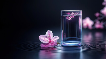 Aufkleber - serene glass of water with delicate pink flowers floating inside, surrounded by ripples and soft floral accents, creates tranquil atmosphere