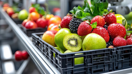 Poster - Fresh fruits including apples, strawberries, kiwis, and blackberries are neatly arranged in crates on high tech packaging system, showcasing vibrant colors and freshness