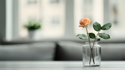 Poster - close up of modern glass vase featuring single peach rose and green leaves, set against soft, blurred background. This serene image evokes sense of calm and beauty
