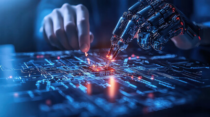 Aufkleber - robotic arm delicately repairs circuit board, showcasing advanced technology and precision. scene highlights intersection of robotics and electronics in modern engineering