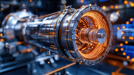 Poster - Close up of futuristic engine showcasing intricate metallic details and glowing elements, highlighting advanced technology and engineering marvels