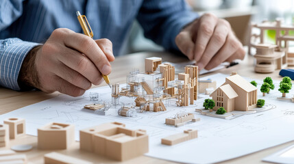 Aufkleber - Close up of engineer working on digital 3D model, showcasing architectural designs and miniature structures. scene reflects creativity and precision in design