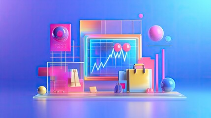 Poster - Dynamic 3D chart of online retail metrics with futuristic holographic interface and vibrant colors