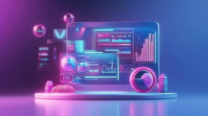 Poster - Dynamic 3D chart of online retail metrics with futuristic holographic interface and vibrant colors