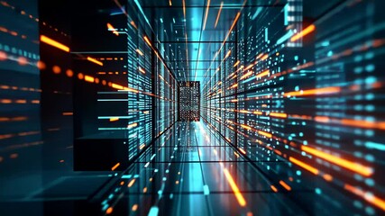 Poster - The perspective captures a vibrant digital tunnel illuminated by blue and orange lights, suggesting high-speed data flow within a modern storage facility.