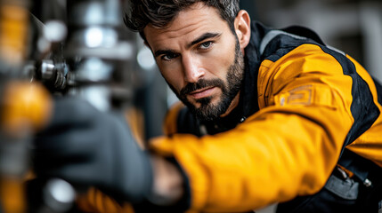 Aufkleber - Engineer in yellow jacket inspecting machinery with focus and determination. image captures essence of precision and professionalism in technical environment