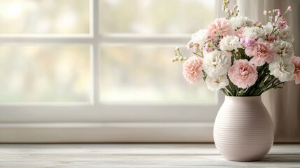Aufkleber - beautiful vase filled with pink and white flowers sits on wooden table by window, creating serene and inviting atmosphere. soft light enhances floral arrangement charm