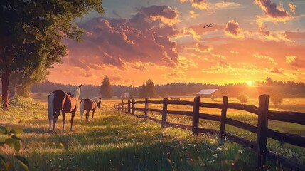 Wall Mural - Elegant horses grazing near a wooden fence with a breathtaking sunset casting a warm glow