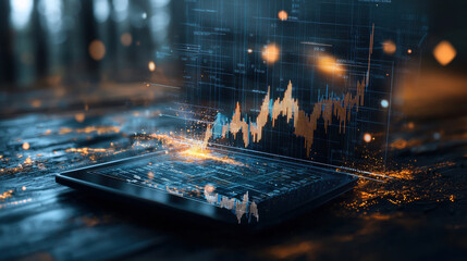 Poster - digital tablet displaying fluctuating currency graphs and data trends, surrounded by futuristic ambiance. glowing elements enhance technological feel of scene