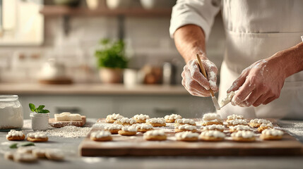 Aufkleber - Baker decorating cookies with cream in cozy kitchen, showcasing culinary skills and creativity. Flour and ingredients scattered on countertop enhance baking atmosphere