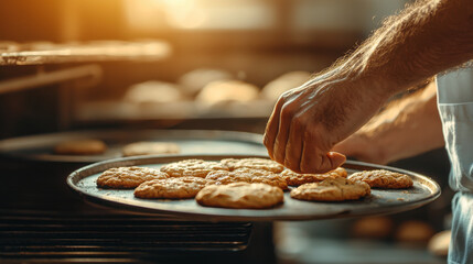 Poster - Freshly baked cookies are being taken out of oven by baker, showcasing warm, golden treats on tray. warm lighting creates cozy atmosphere in bakery