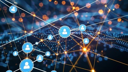 Poster - Complex network visualizing big data connections features glowing nodes and intricate lines, crafting a futuristic cyberspace landscape filled with digital communication and innovation