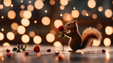Poster - cute squirrel holding red rose amidst dreamy bokeh background, creating whimsical and enchanting atmosphere. scene evokes feelings of love and joy