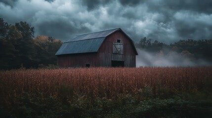 Poster - Rustic red barn in a misty cornfield under a dramatic sky.