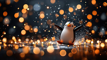 Poster - cheerful penguin figurine surrounded by sparkling bokeh lights creates whimsical and joyful atmosphere. playful scene captures essence of fun and celebration