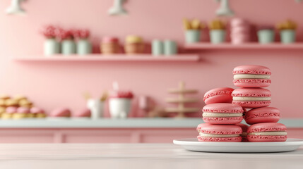 Poster - Delicious pink macarons stacked on white plate, set against pastel pink bakery background filled with sweet treats and decorative items, creating charming atmosphere