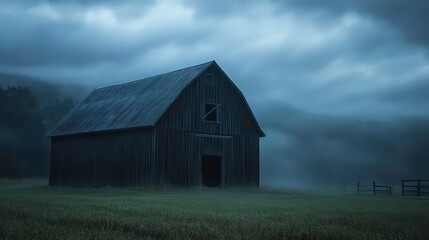 Poster - Old wooden barn in a foggy field at dawn.