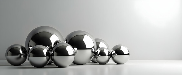 Poster - Sleek chrome spheres cluster together, reflecting light on a minimalist white background. A captivating display of smooth, metallic surfaces.