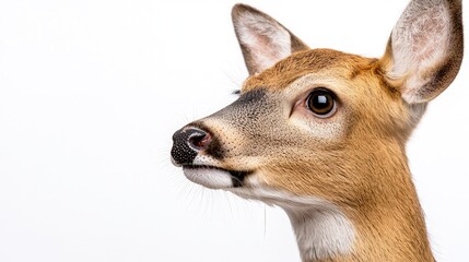 Wall Mural - Close-up of a young deer's head and neck against a white background.