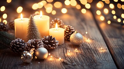 Wall Mural - Festive Rustic Table Set with Candles Pine Cones and Twinkling Holiday Lights.