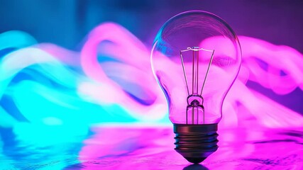 Poster - light bulb illuminating in vibrant pink and blue colors on a textured surface, a single light bulb s