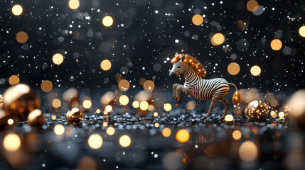 Fototapete - realistic 3D illustration of zebra in magical setting with sparkling lights and snowflakes. scene captures whimsical atmosphere filled with joy and wonder