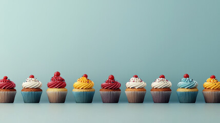 Poster - Delicious cupcakes with colorful frosting and cherries on top, arranged neatly against pastel background, creating cheerful and inviting atmosphere