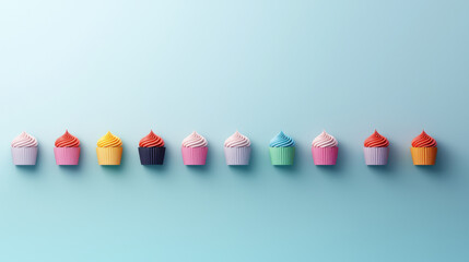 Poster - Colorful cupcakes arranged in row on pastel background, showcasing various frosting styles and colors, creating cheerful and inviting atmosphere