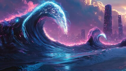 Poster - Futuristic waves create a mesmerizing digital landscape with city skyline illuminated at dusk, Futuristic Waves A Digital Landscape