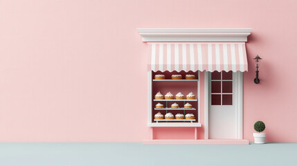 Poster - whimsical bakery storefront with pink facade, striped awning, and display of cupcakes. charming design evokes cheerful atmosphere, perfect for dessert lovers