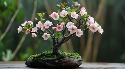 Poster - Delicate pink blossoms on a miniature bonsai tree, set against a blurred green background.