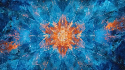Aufkleber - Abstract fractal art with vibrant blue and orange hues forming a symmetrical, star-like pattern.